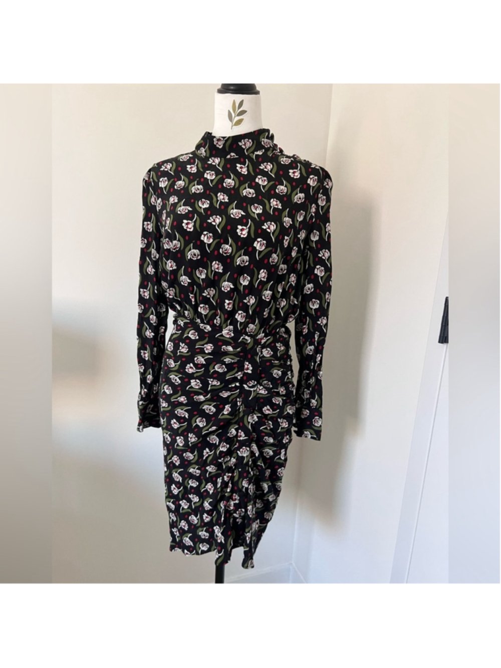 Veronica Beard Cadence floral Ruched Midi Dress High Neck Long Sleeve Black S - Picture 3 of 12
